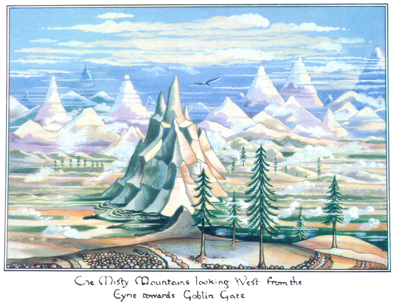 Fig. 4: Tolkien and Riddett 1976. The Misty Mountains looking West from the Eyrie towards Goblin Gate [colored drawing]. 