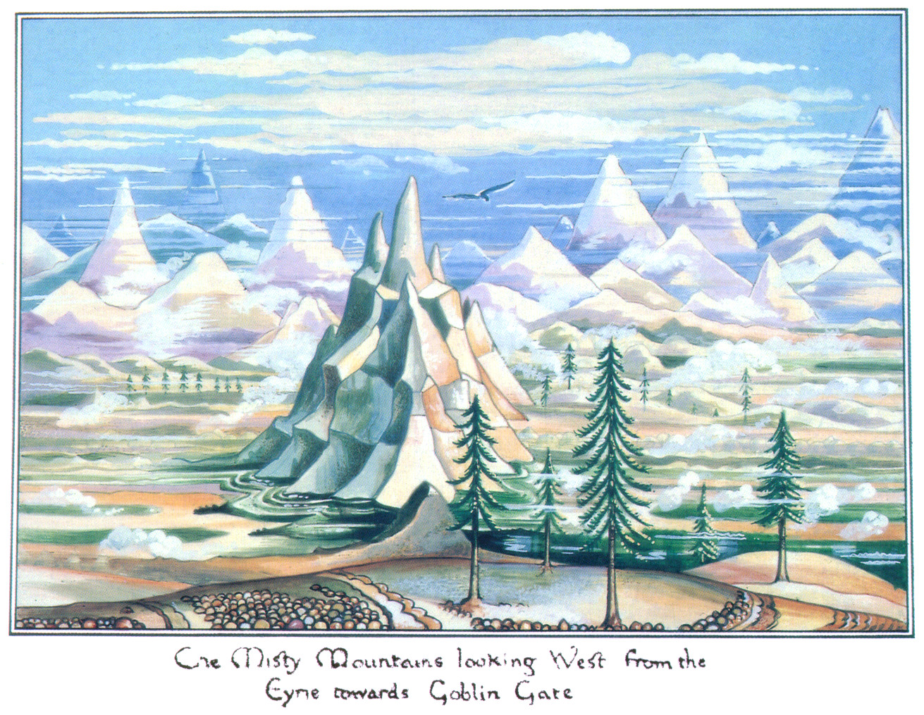 Fig. 4: Tolkien and Riddett 1976. The Misty Mountains looking West from the Eyrie towards Goblin Gate [colored drawing].