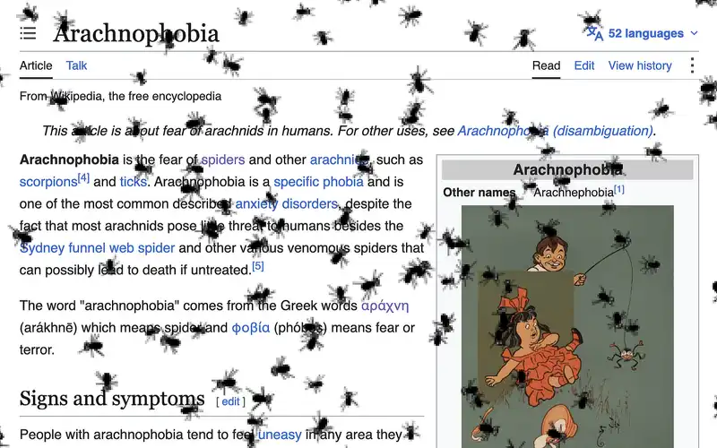 a screenshot of a lot of spiders crawling over the wikipedia page for "arachnophobia"
